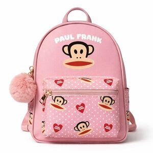 Paul Frank Julius Monkey Mini Backpack Pink Heart Print Pompom Charm NWT